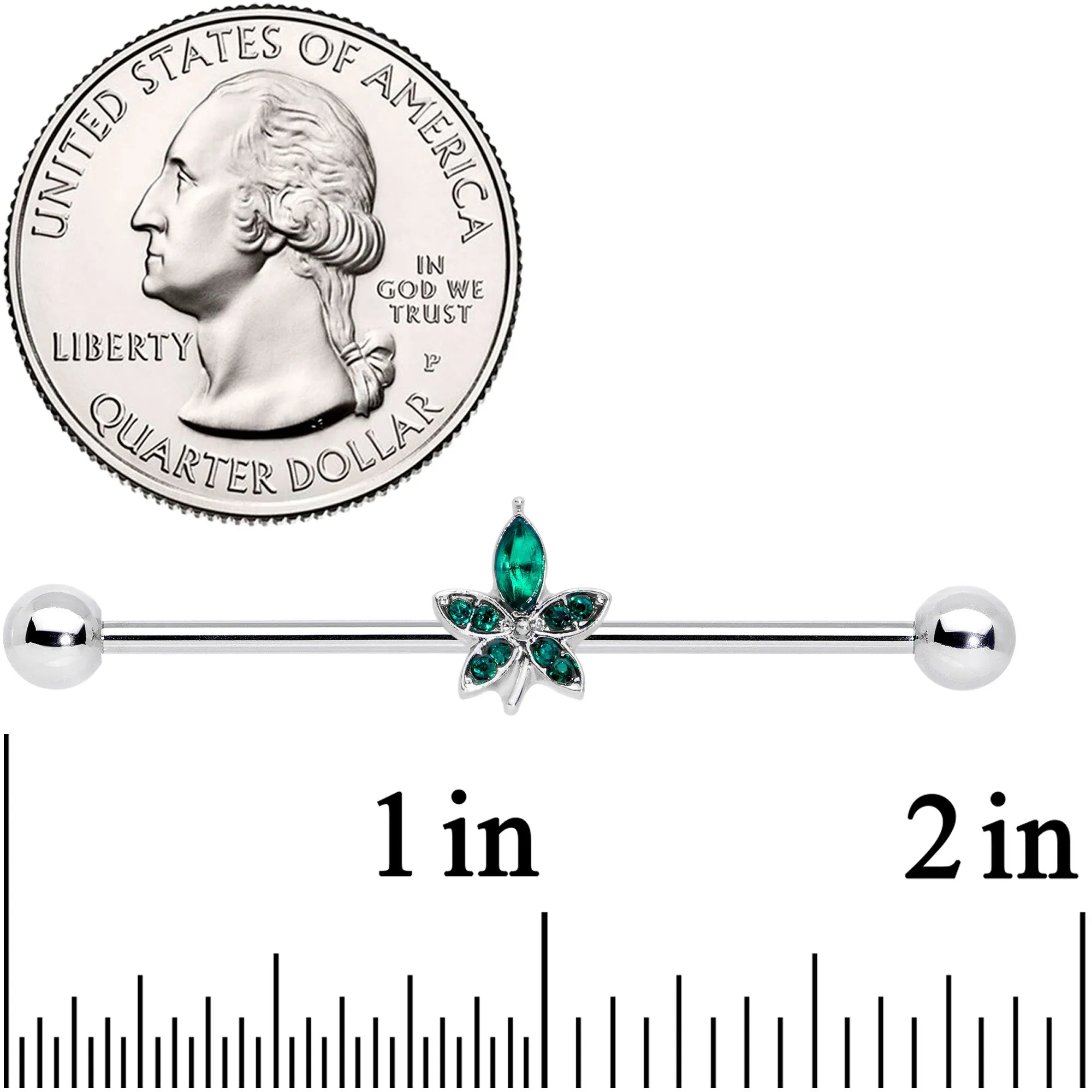 14 Gauge Green Gem Beautiful Flower Industrial Barbell 38mm