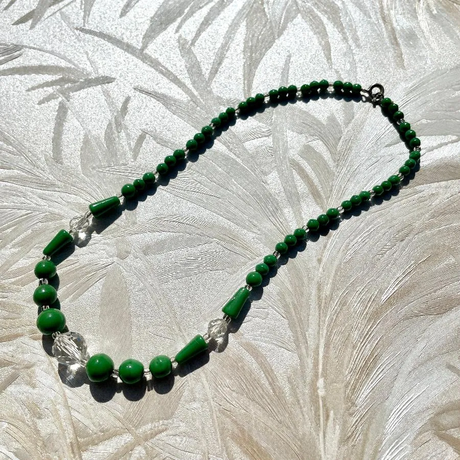 1930's Green Ceramic & Crystal Necklace