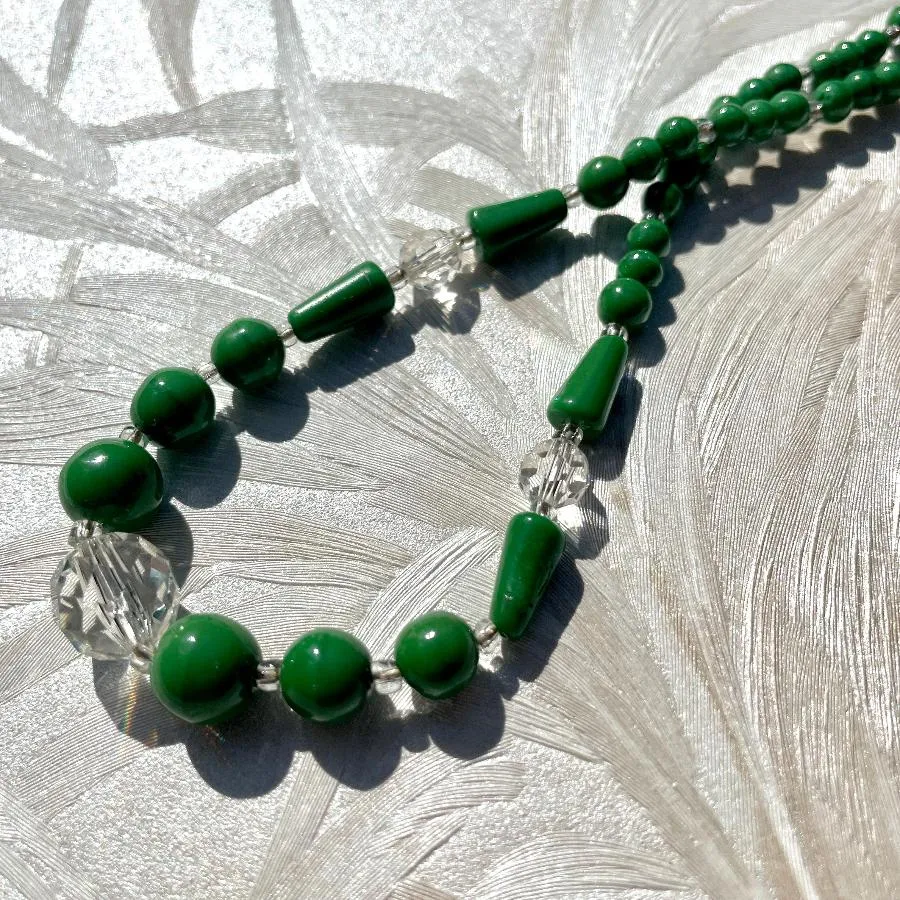 1930's Green Ceramic & Crystal Necklace