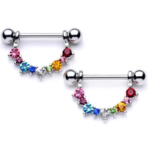 9/16 Rainbow Gem Arc Dangle Barbell Nipple Ring Set
