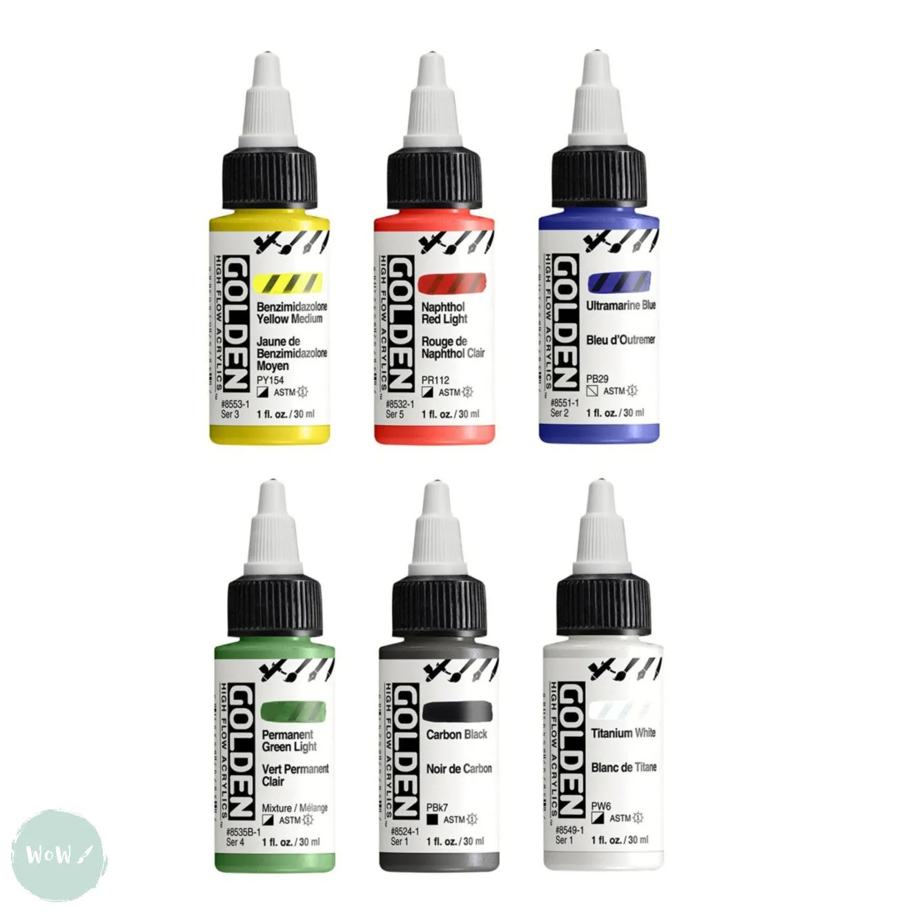 Acrylic Paint Set- Golden HIGH FLOW - 6 x 30ml Bottles ASSORTED