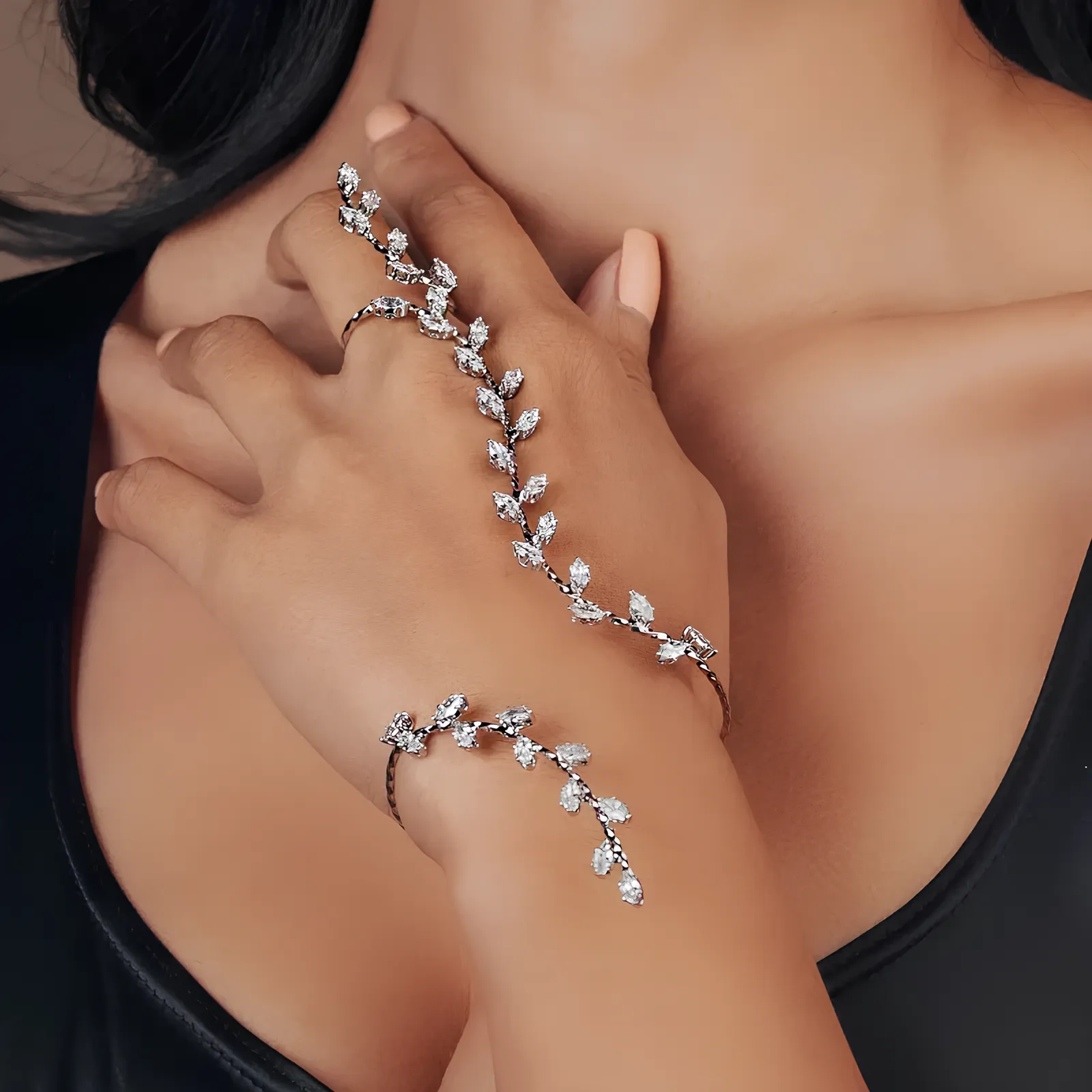 Adjustable Leaf Cubic Zircon Hand Palm Bracelet