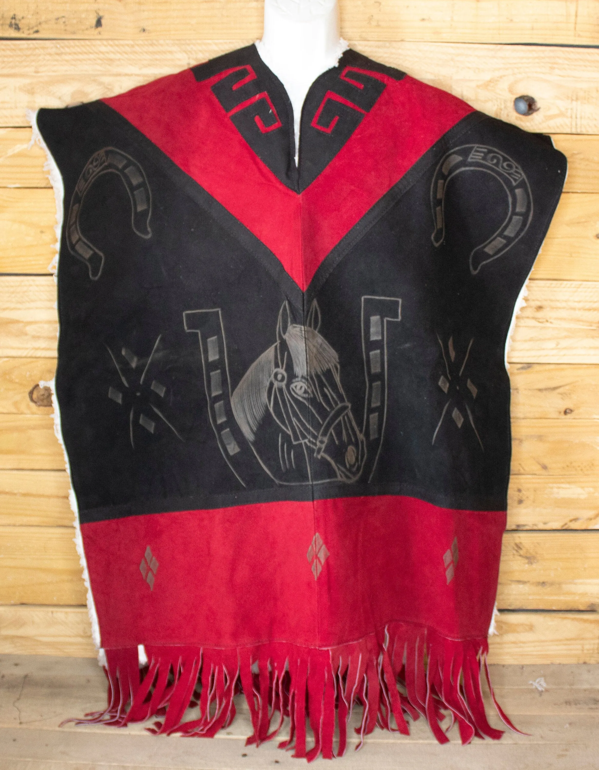 AUTHENTIC SUEDE LEATHER Red stamped Horse & Horseshoe Western sheep wool cowboy Mexican zarape poncho