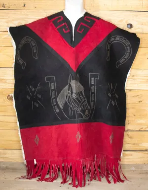 AUTHENTIC SUEDE LEATHER Red stamped Horse & Horseshoe Western sheep wool cowboy Mexican zarape poncho