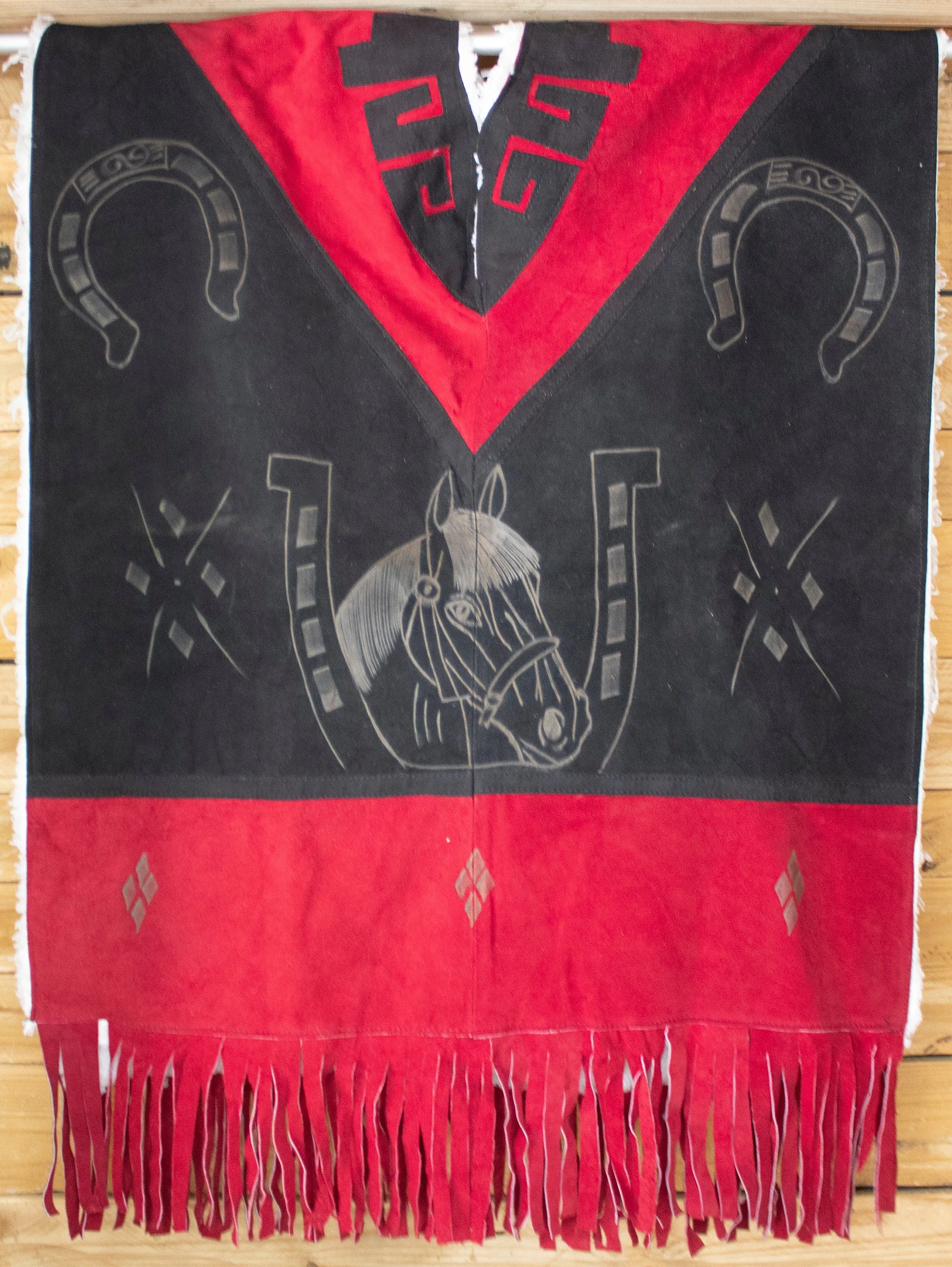 AUTHENTIC SUEDE LEATHER Red stamped Horse & Horseshoe Western sheep wool cowboy Mexican zarape poncho