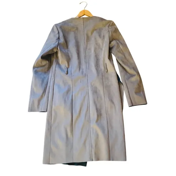 Badgley Mischka Faux Suede Gray and Teal Wrap Trench Coat with Pockets