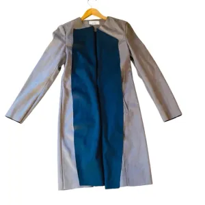 Badgley Mischka Faux Suede Gray and Teal Wrap Trench Coat with Pockets