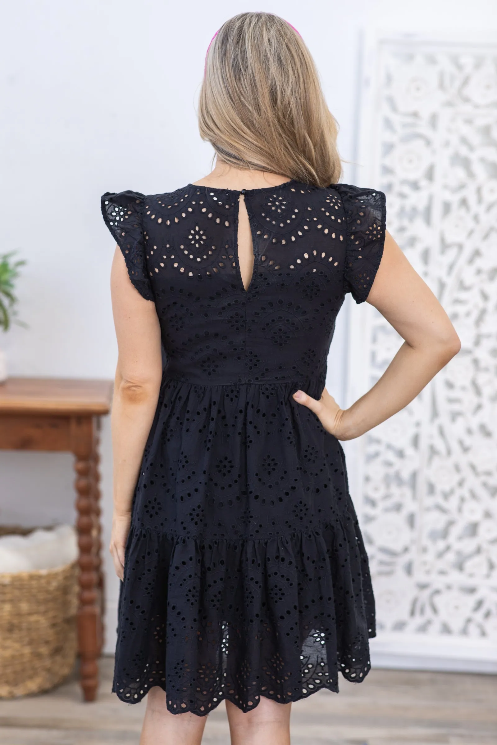 Black Eyelet Detail Woven Dress