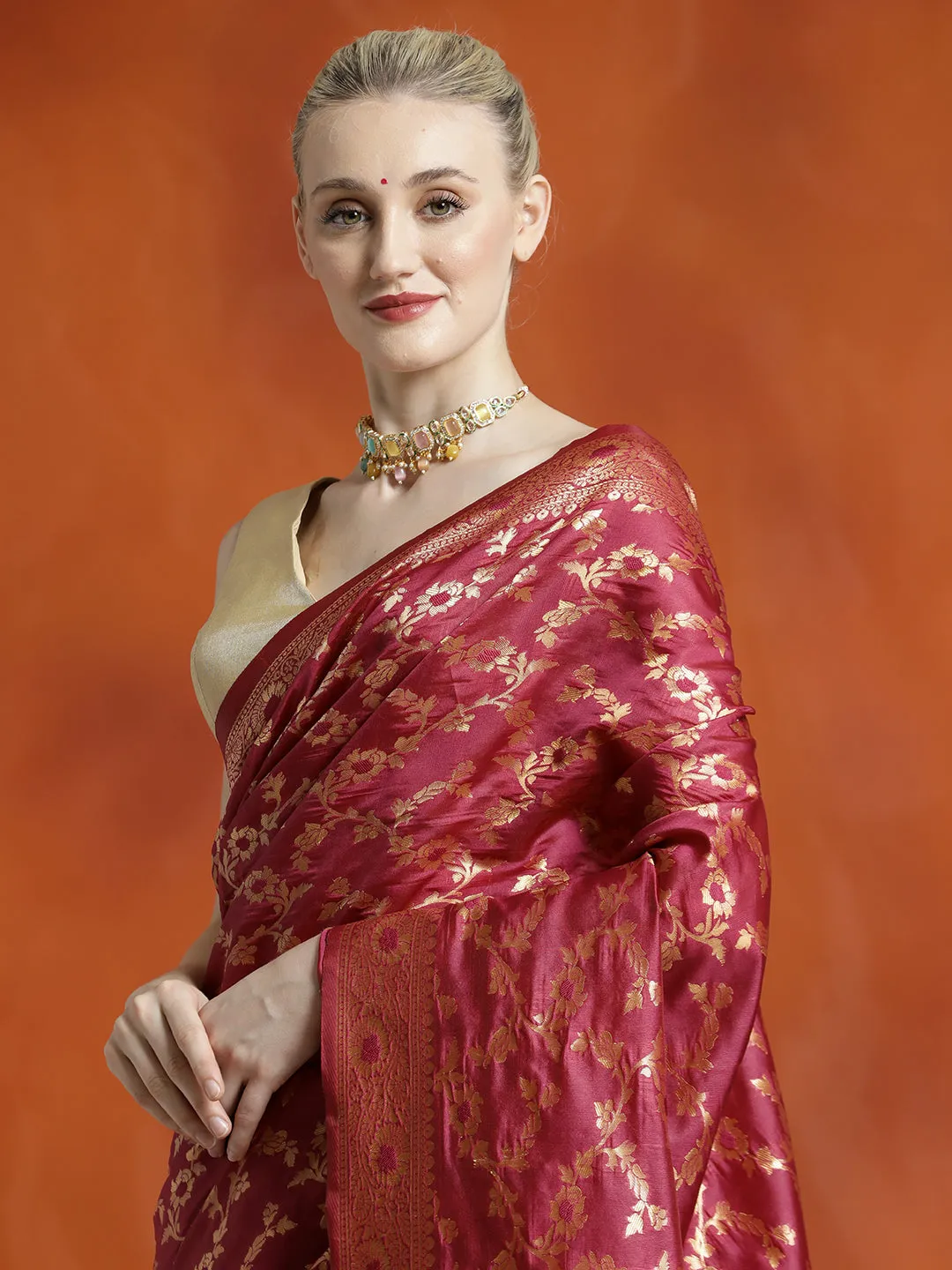 Burgundy Silk Banarasi Zari Woven Heavy Saree