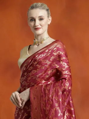 Burgundy Silk Banarasi Zari Woven Heavy Saree