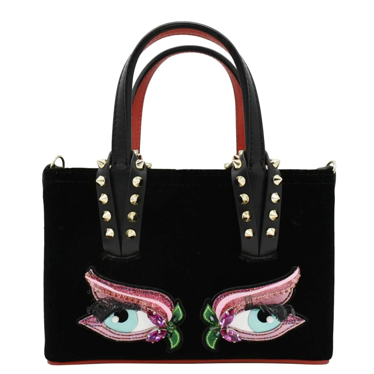 CHRISTIAN LOUBOUTIN Cabata Eyelet Velour Suede Tote Shoulder Bag Black