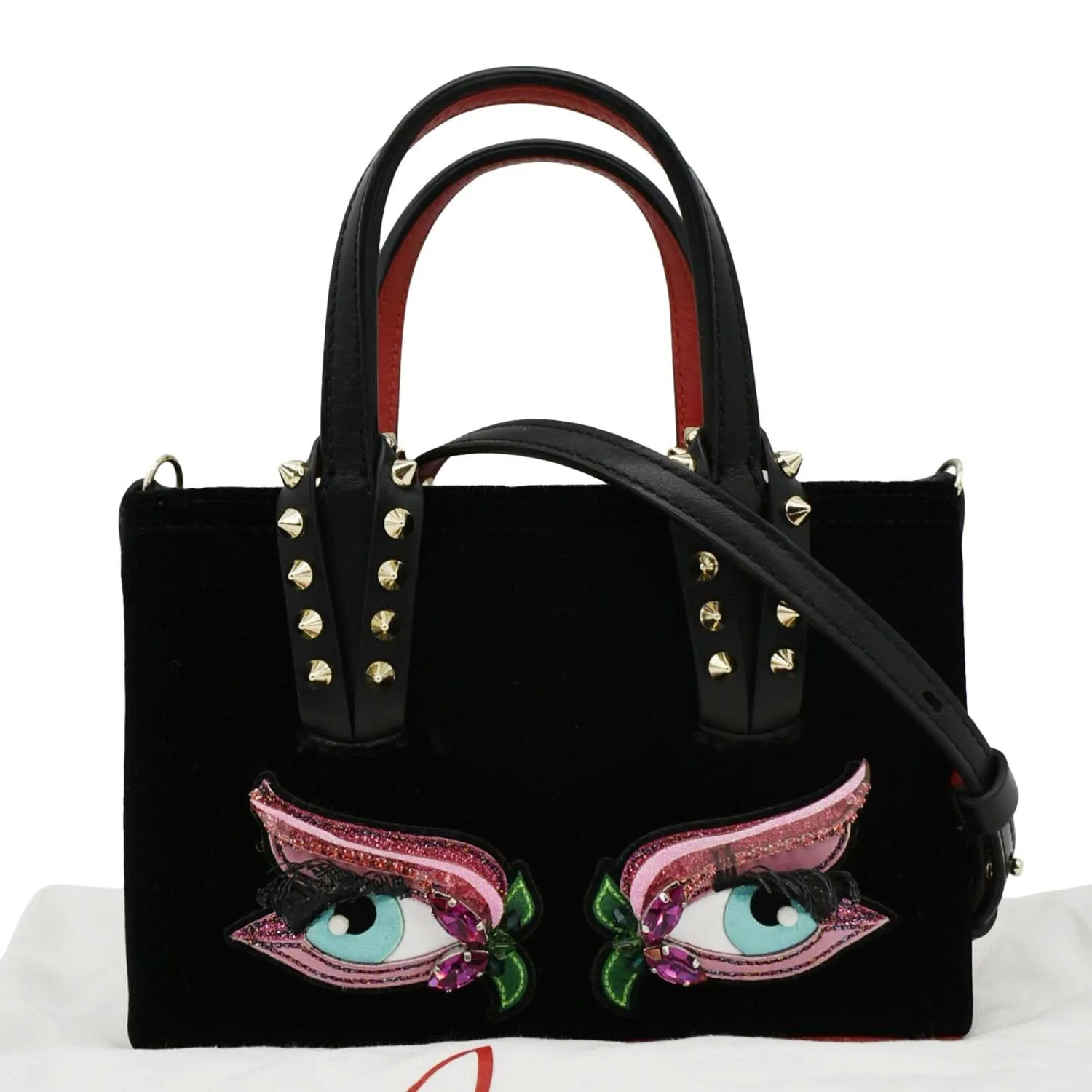 CHRISTIAN LOUBOUTIN Cabata Eyelet Velour Suede Tote Shoulder Bag Black