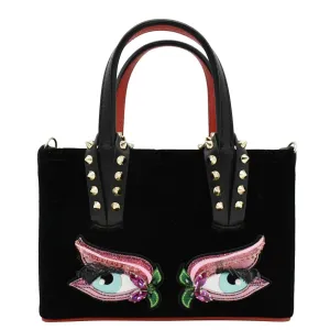 CHRISTIAN LOUBOUTIN Cabata Eyelet Velour Suede Tote Shoulder Bag Black