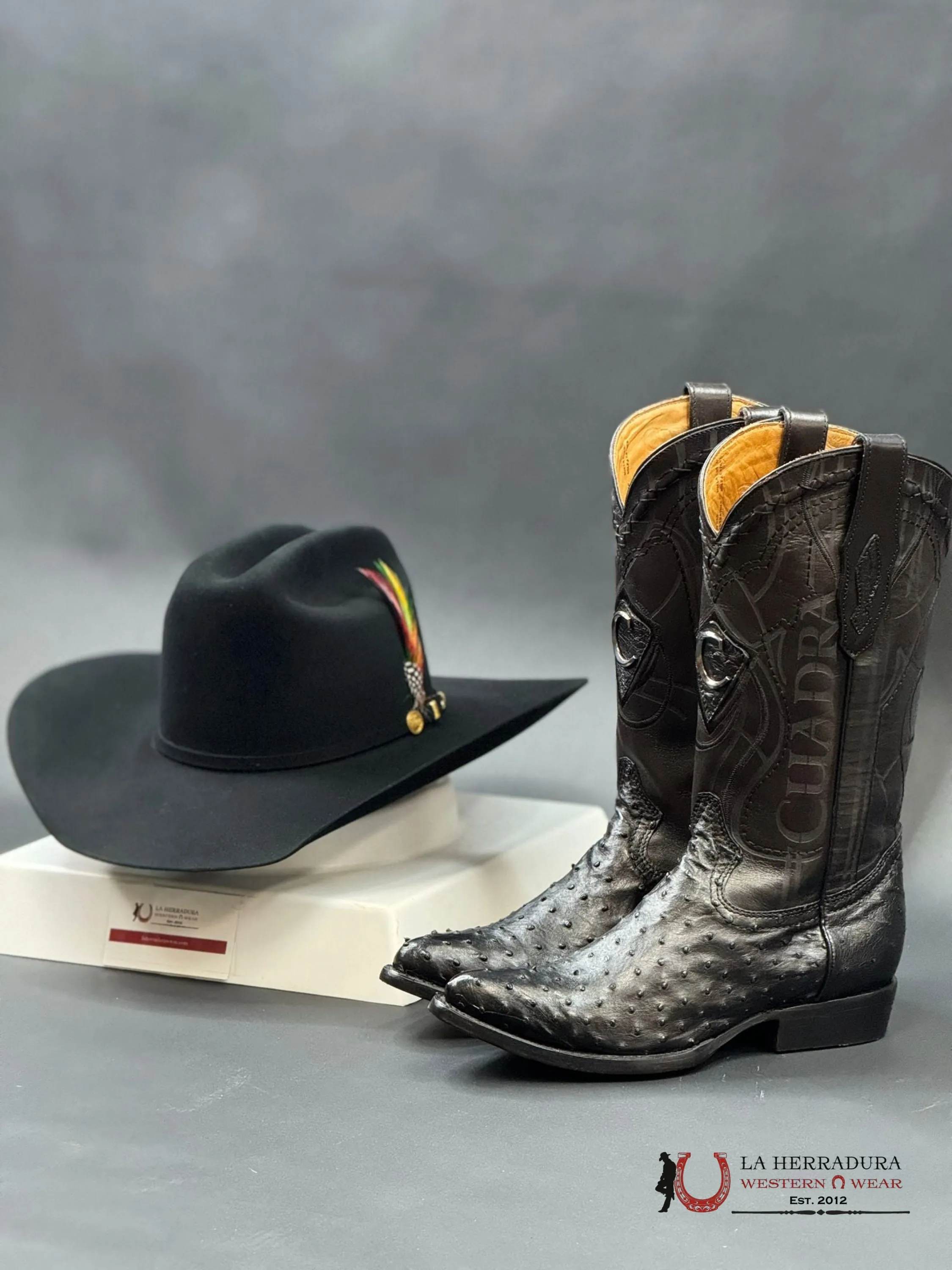 CUADRA BOOTS OSTRICH BLACK LASER & WOVEN SEMI OVAL TOE