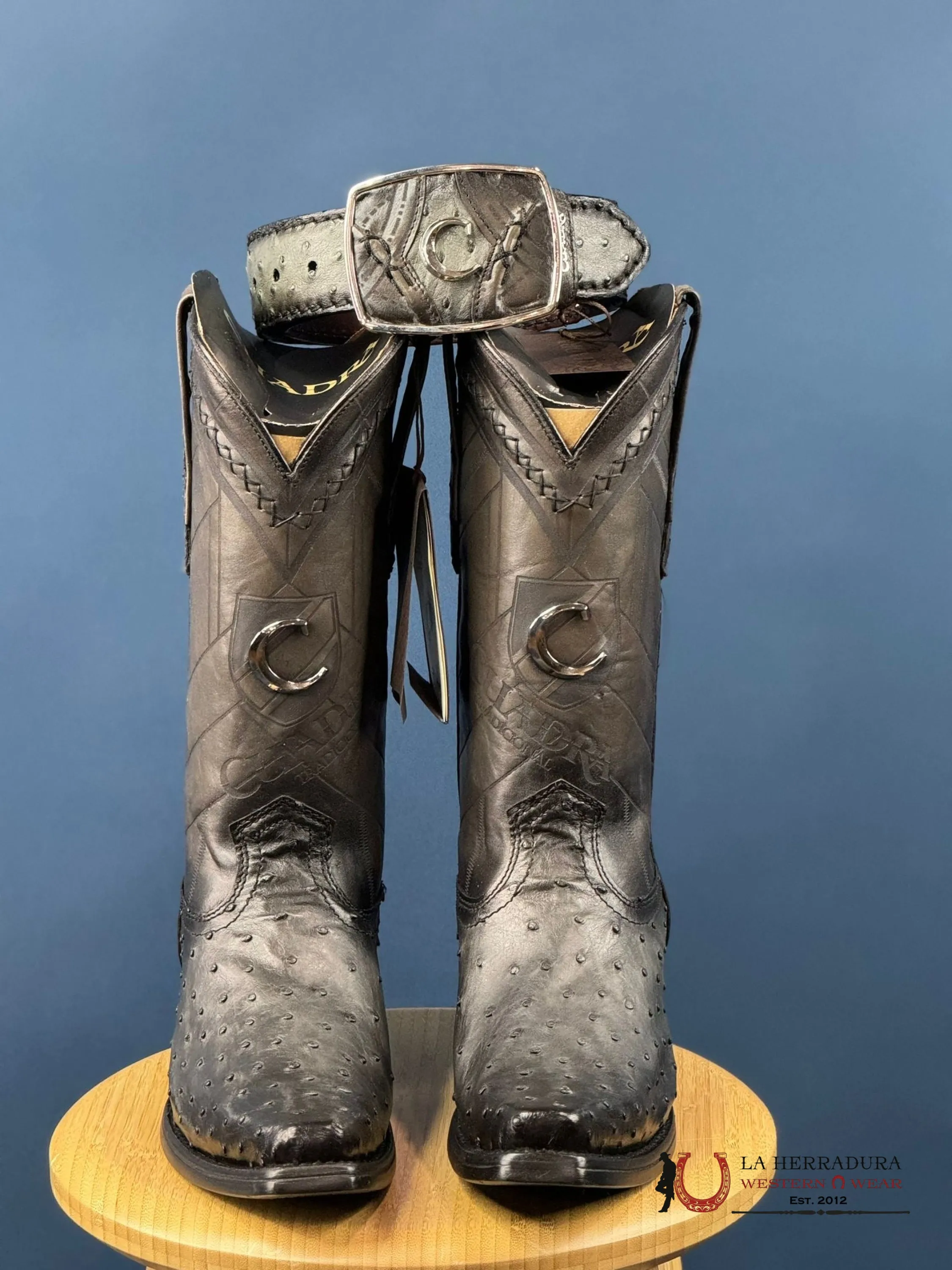 CUADRA BOOTS OSTRICH EVEREST GREY LASER & WOVEN NARROW SQUARE TOE