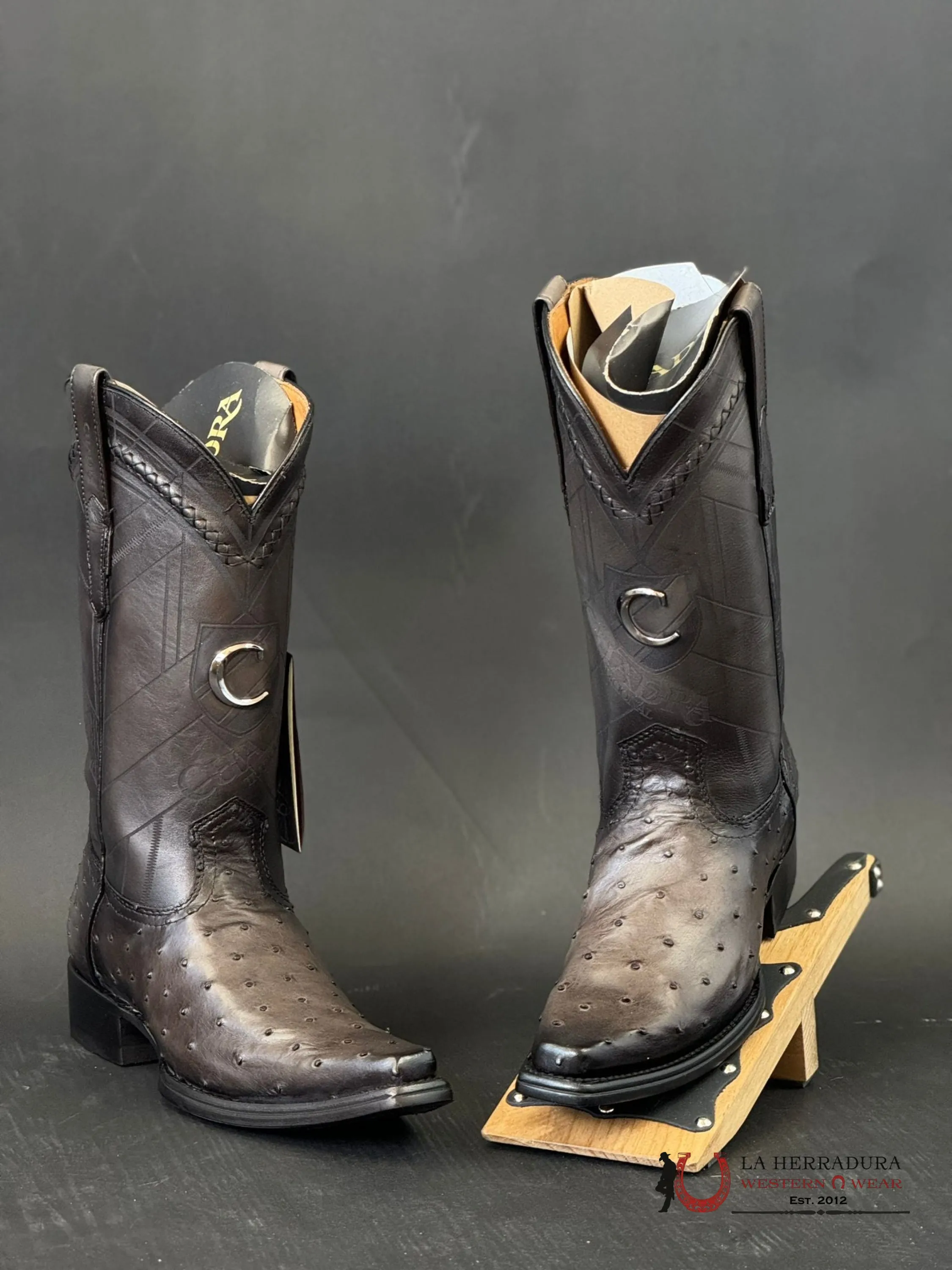 CUADRA BOOTS OSTRICH EVEREST GREY LASER & WOVEN NARROW SQUARE TOE