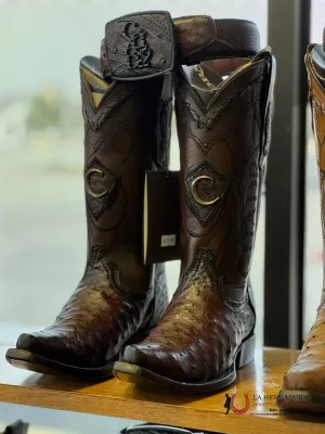 CUADRA BOOTS OSTRICH FLAME CAFE CHOCOLATE LASER AND WOVEN SNIP TOE 2B1OA1