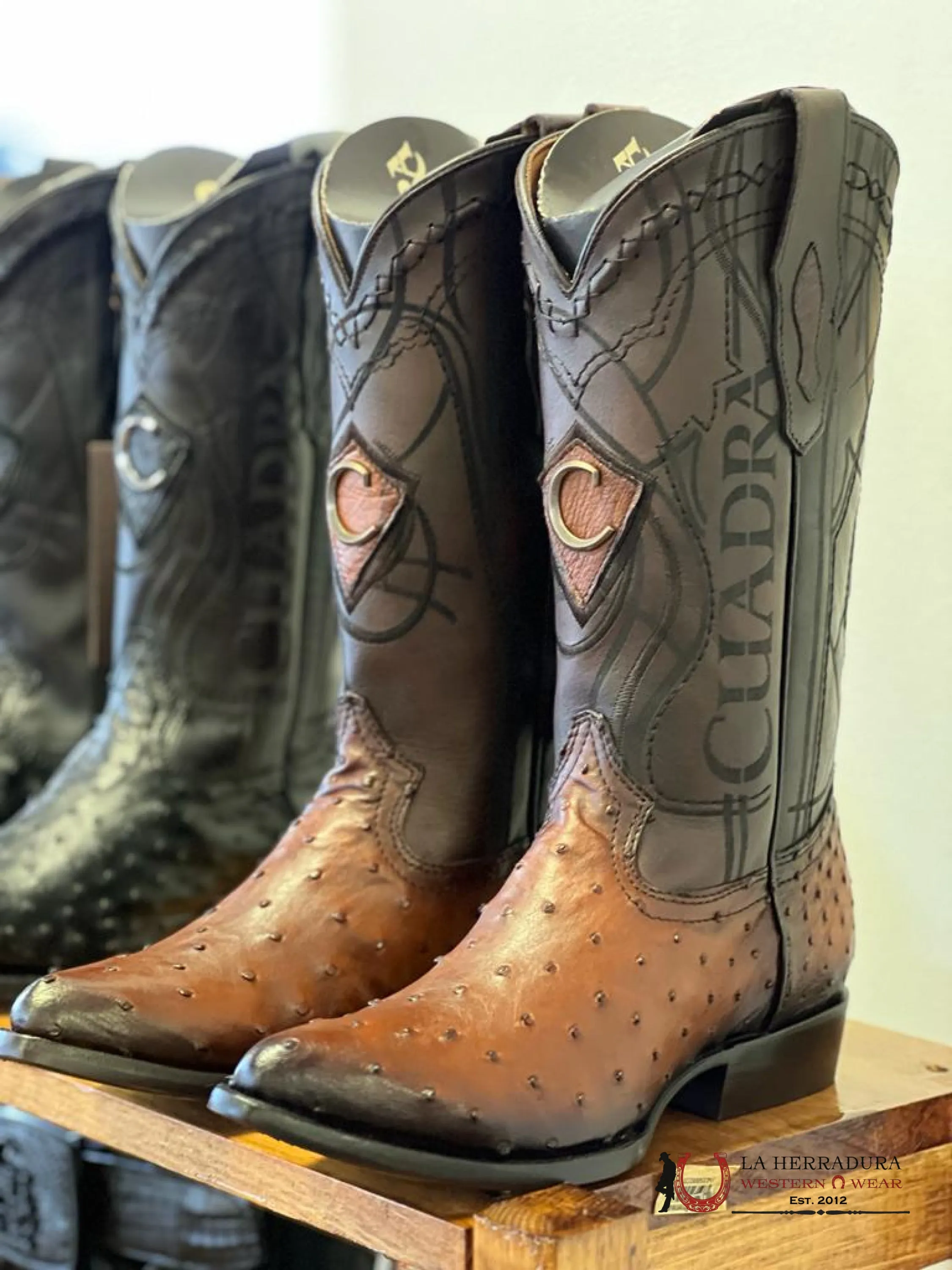 CUADRA BOOTS OSTRICH FLAME CAFE LASER & WOVEN ROUND TOE