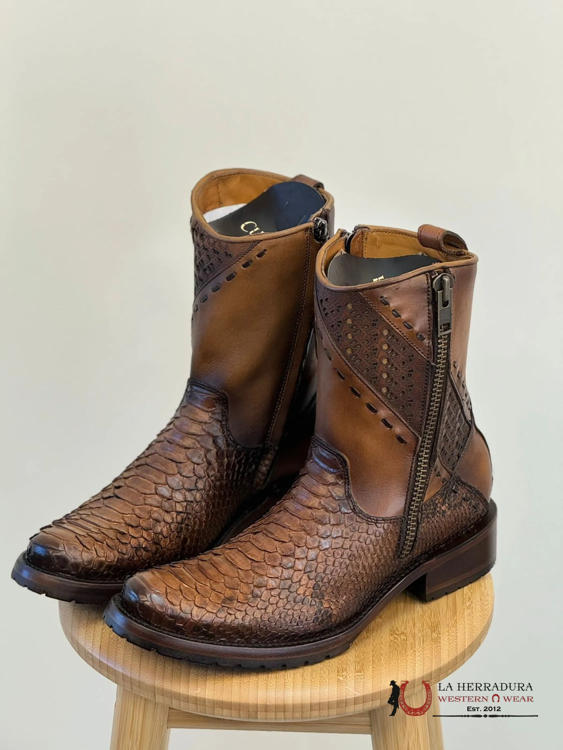 CUADRA SHORT BOOTS PYTHON BROWN LASER & WOVEN ROUND TOE
