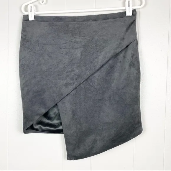 Dark Gray Faux Suede Asymmetrical Mini Wrap Skirt