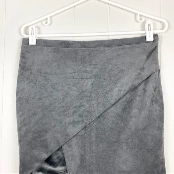 Dark Gray Faux Suede Asymmetrical Mini Wrap Skirt