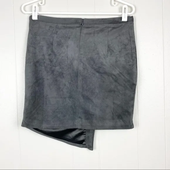 Dark Gray Faux Suede Asymmetrical Mini Wrap Skirt