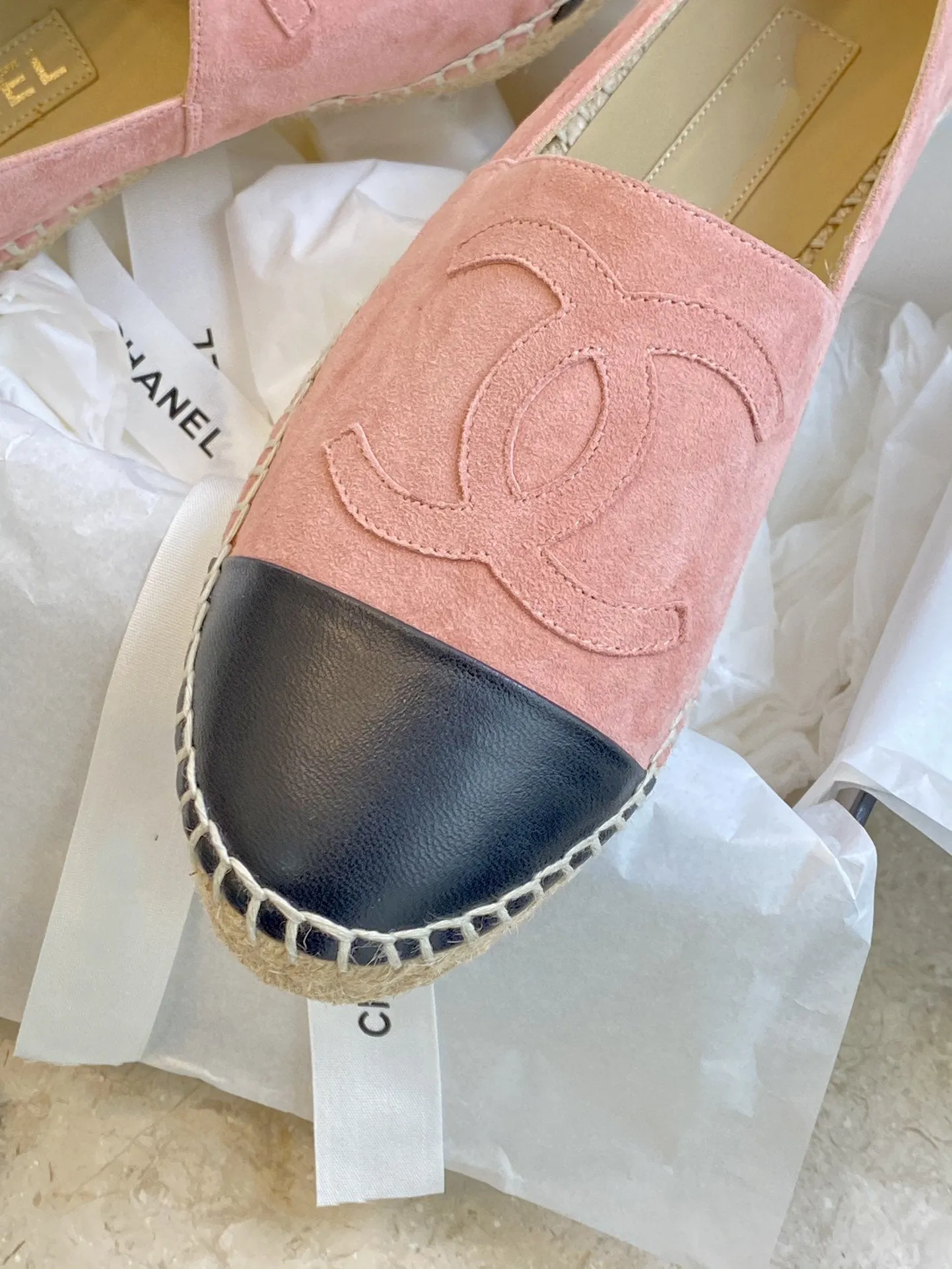 espadrilles pink suede black lambskin