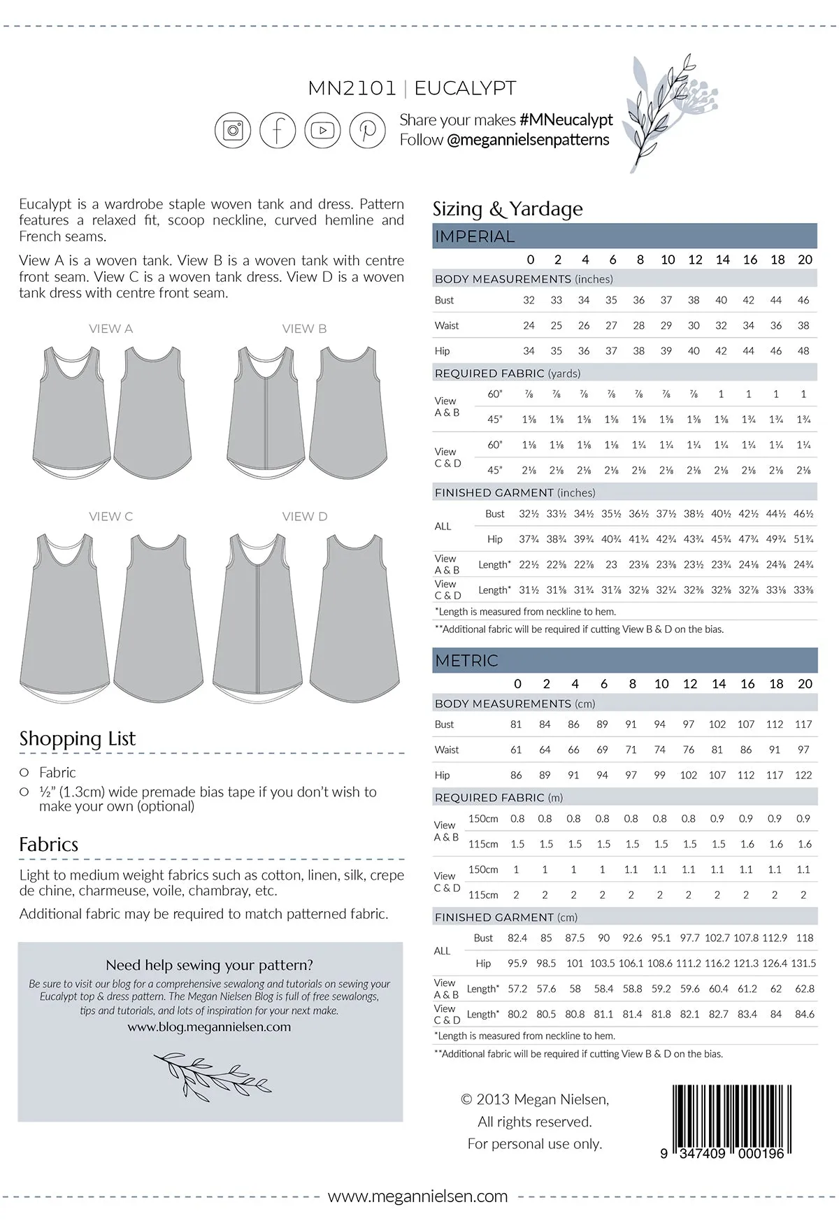 Eucalypt Tank & Dress Pattern -- Megan Nielsen
