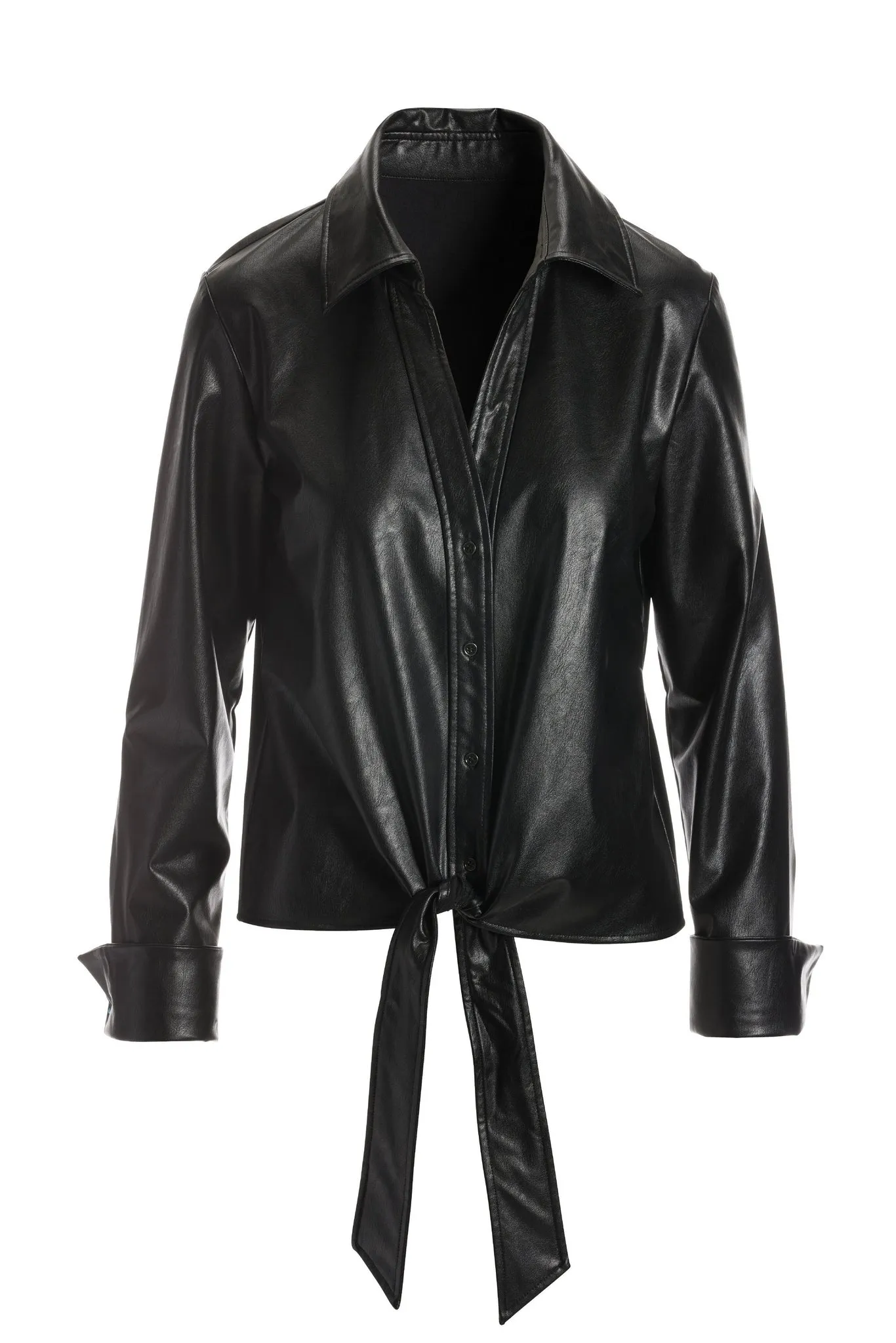 Faux Leather Tie Front Shirt Black