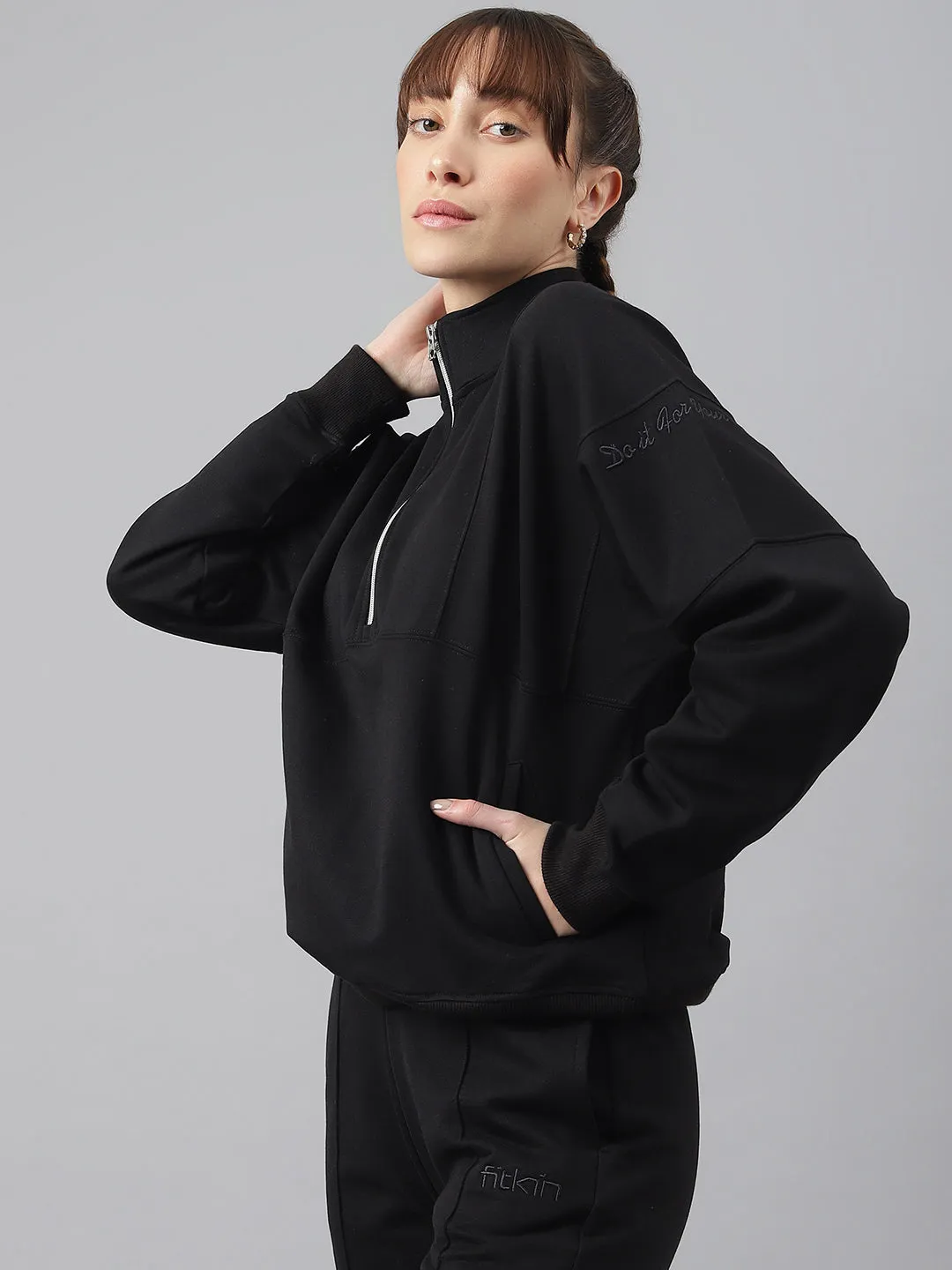 Fitkin Women Black Regular-Fit Fleece Sweatshirt