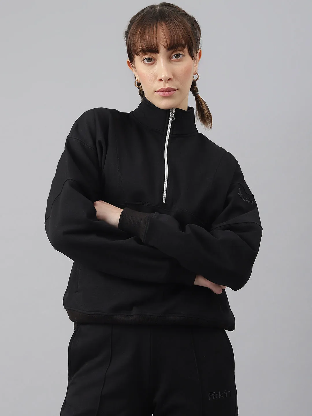 Fitkin Women Black Regular-Fit Fleece Sweatshirt