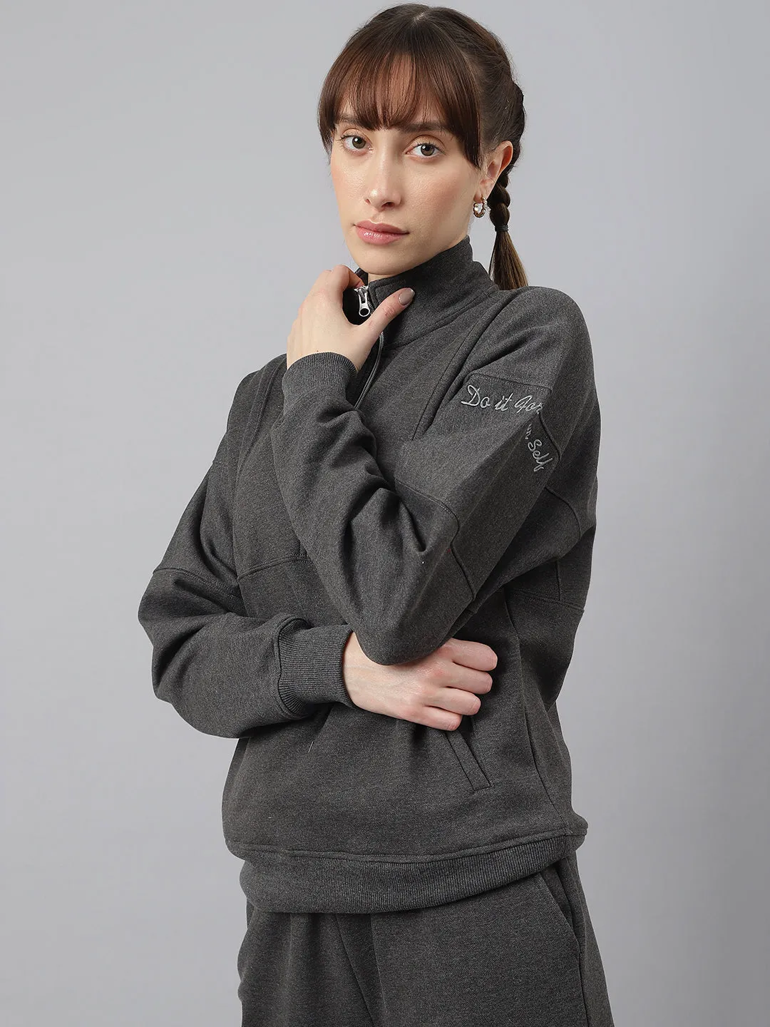 Fitkin Women Grey Regular Fit Fleece Sweatshirt