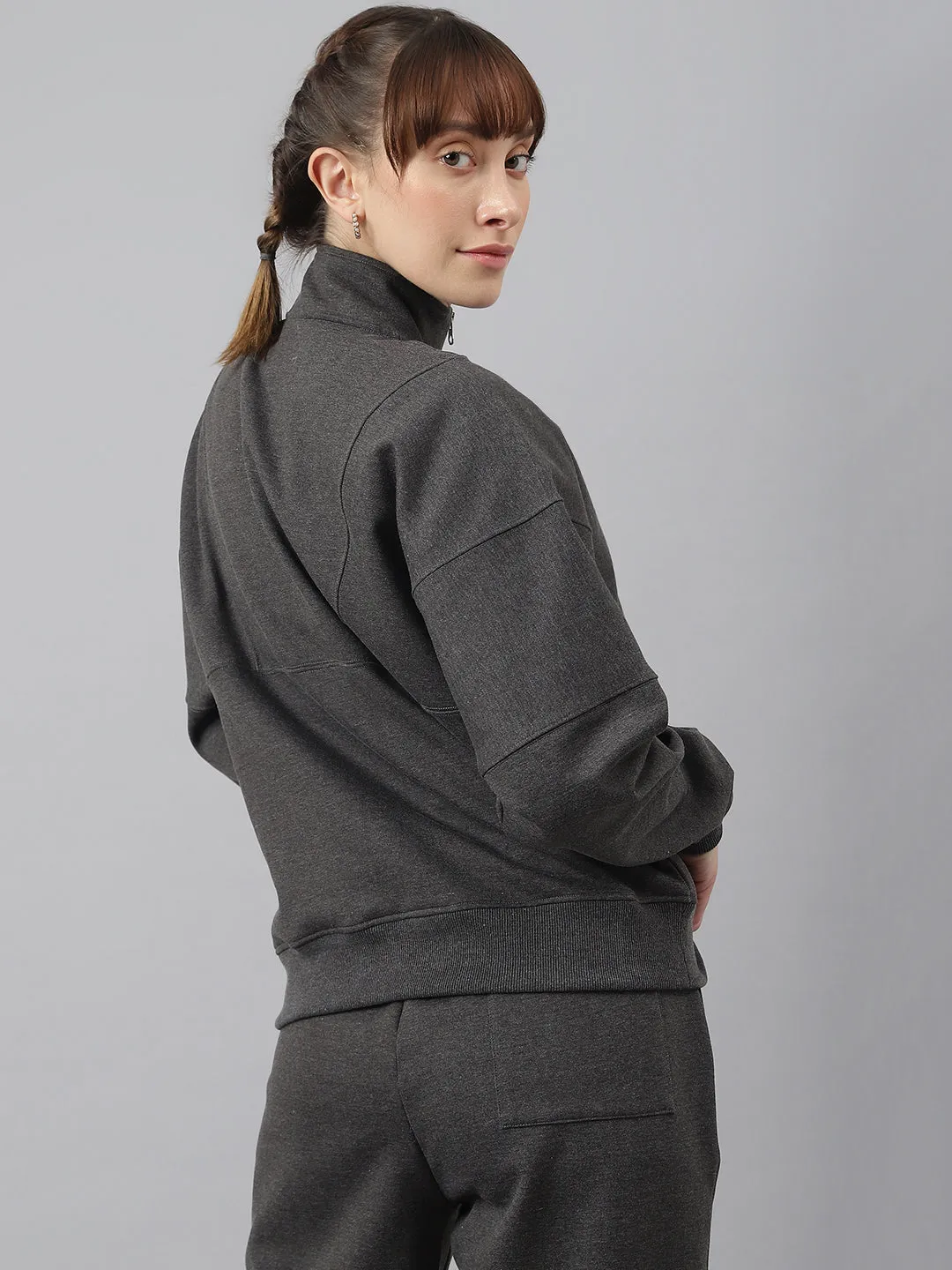 Fitkin Women Grey Regular Fit Fleece Sweatshirt