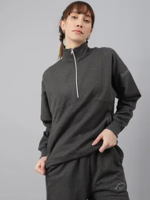 Fitkin Women Grey Regular Fit Fleece Sweatshirt