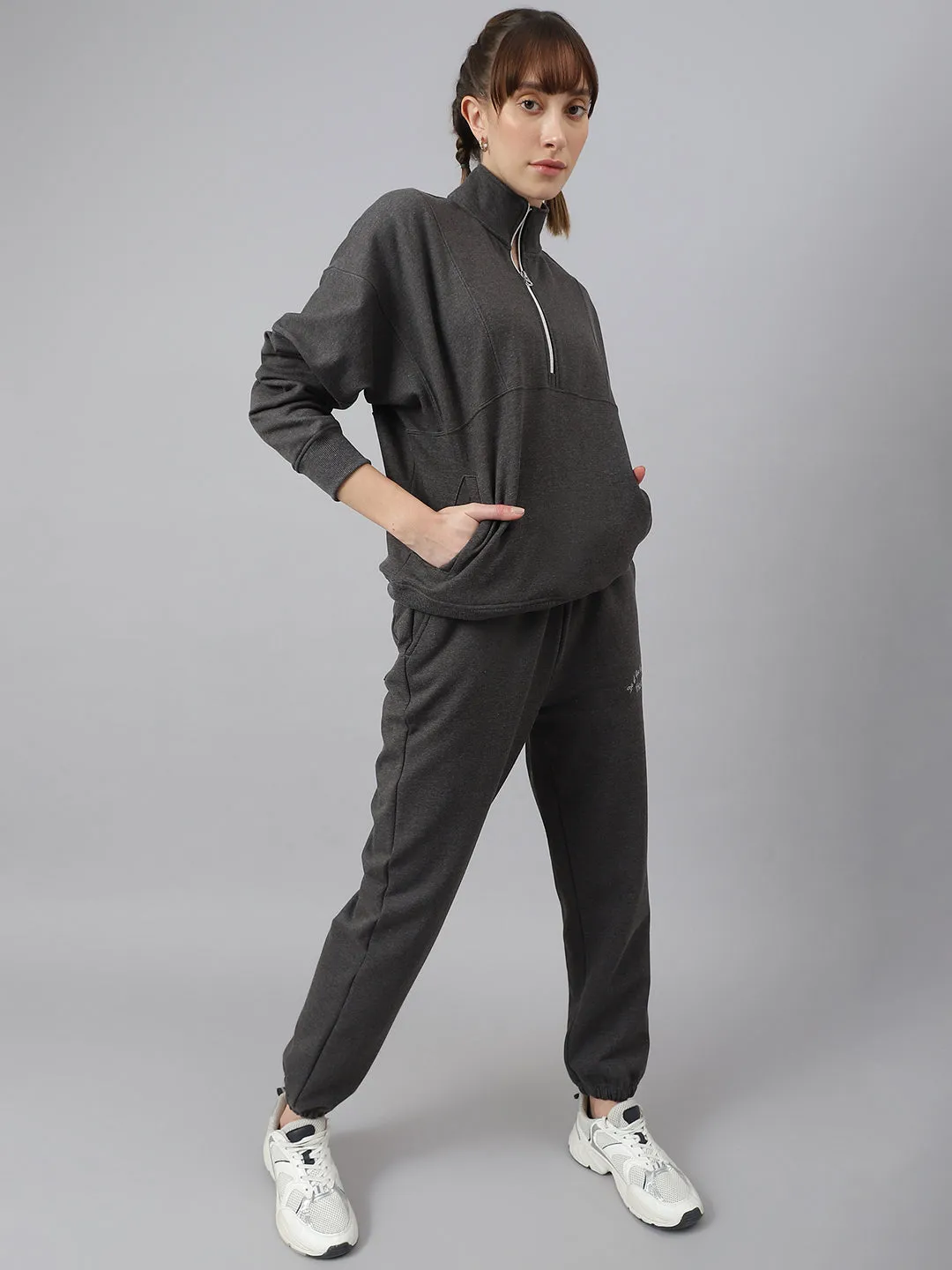 Fitkin Women Grey Regular Fit Fleece Sweatshirt