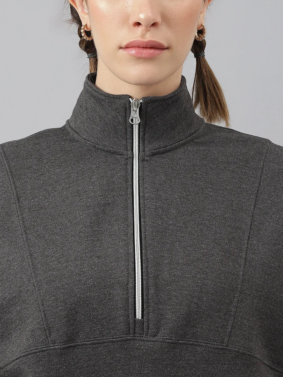 Fitkin Women Grey Regular Fit Fleece Sweatshirt