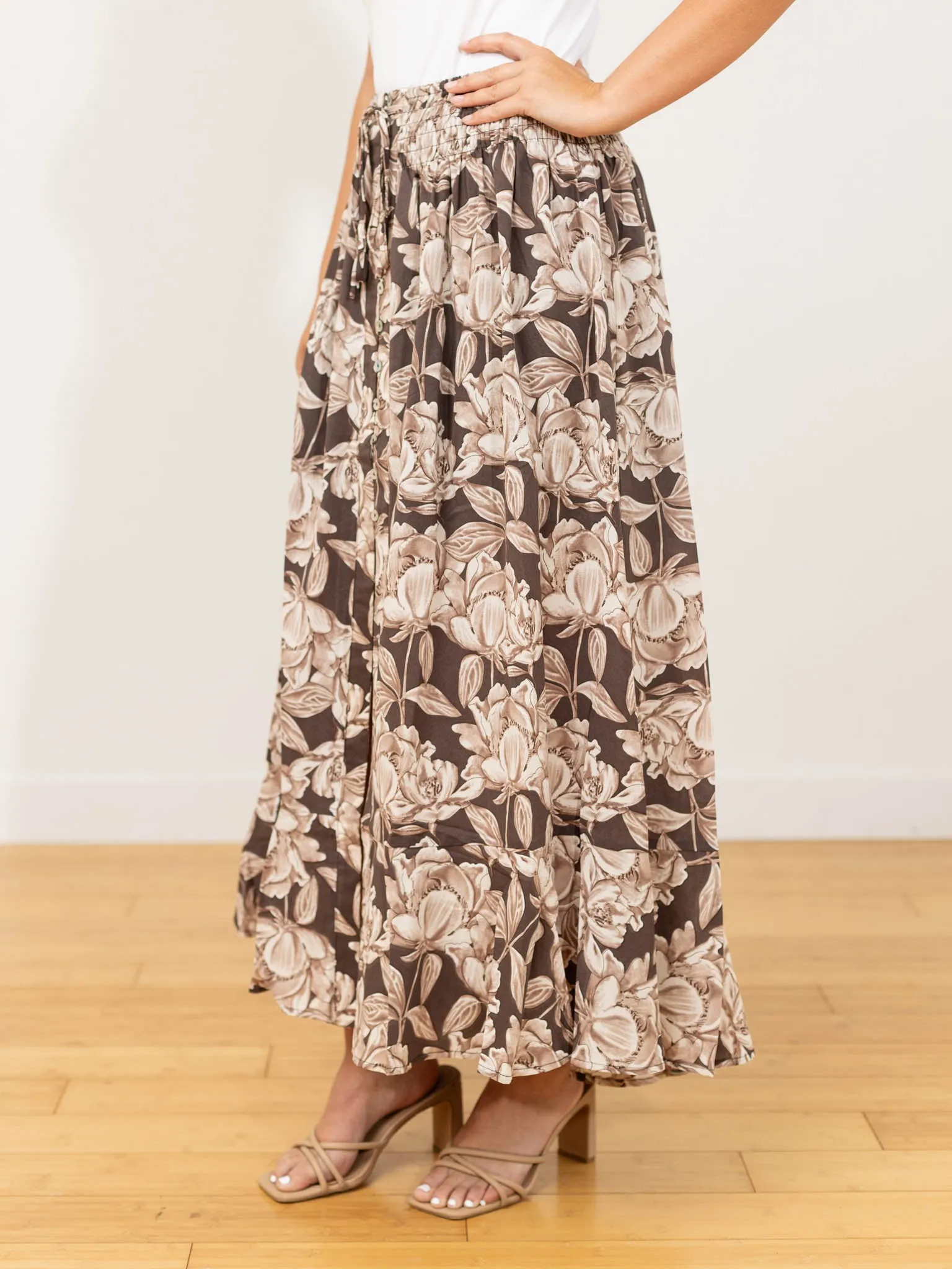 Floral Crepe Smock Waist Maxi Skirt