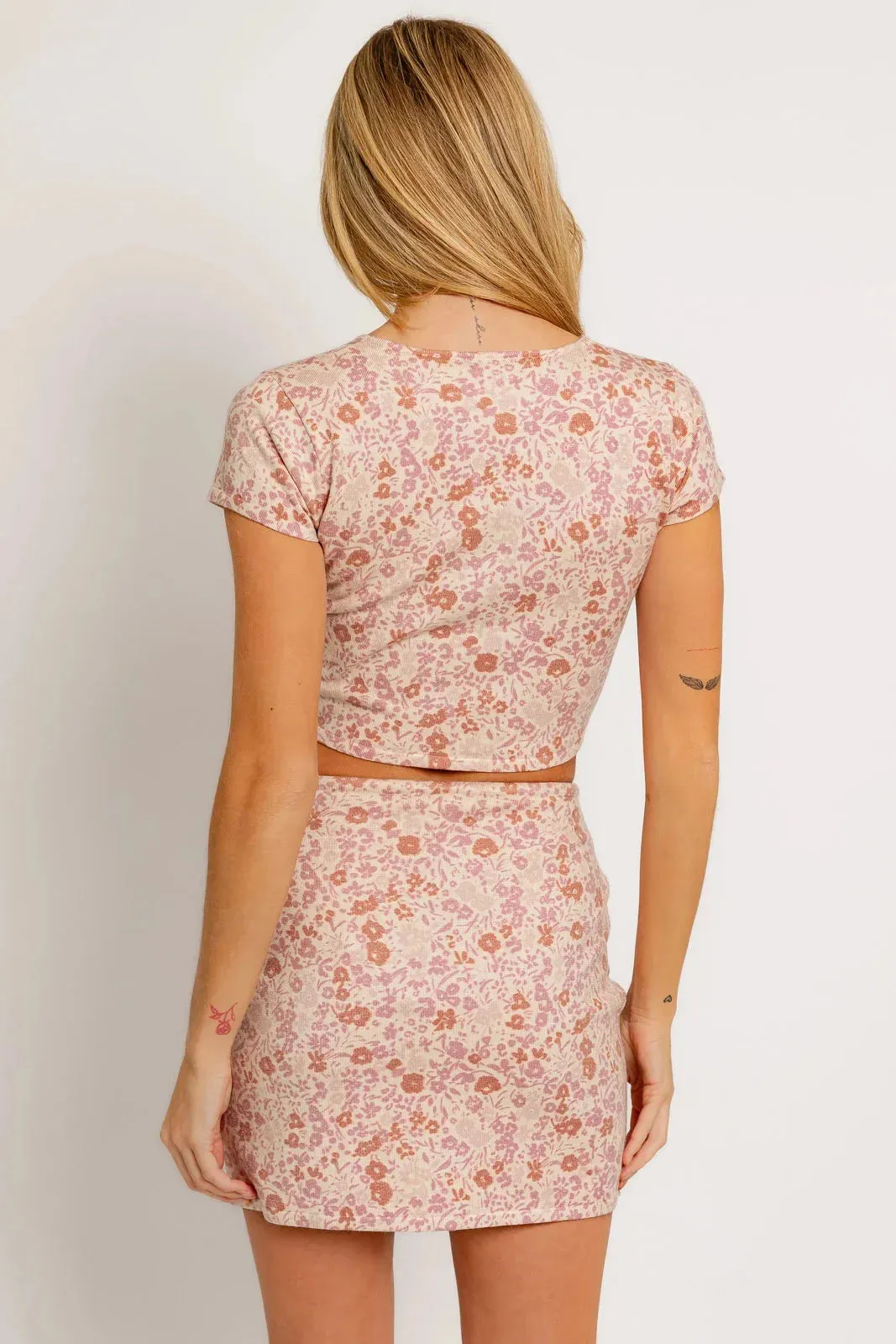 Floral Short Sleeve Crop Knit Top & Mini Skirt Set