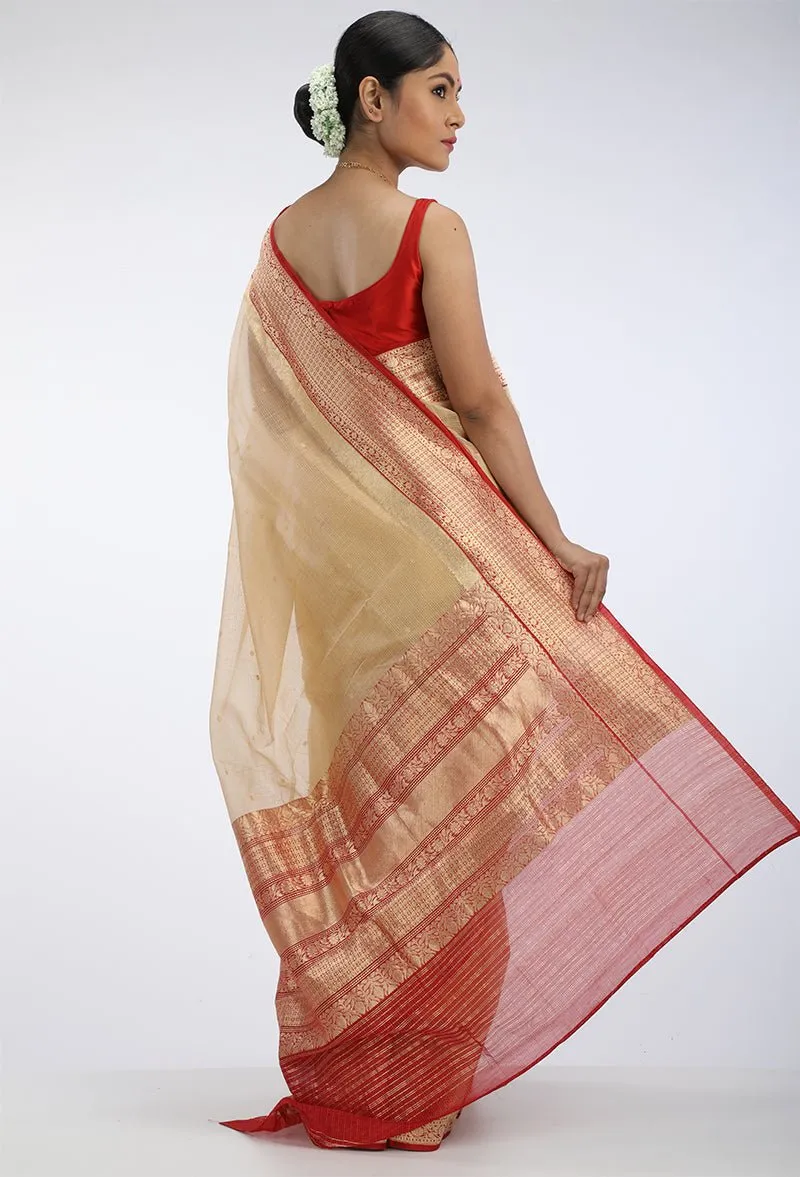 Gold Kota Silk saree with Red Benarasi Border