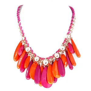 GOLD MULTI COLOR FUCHSIA AND CORAL MIXED BEADS WITH GOLD CHAIN PINK SUEDE TWIST NECKLACE  #SC31620_GOLD-FUSCHIA (FB20/B224)