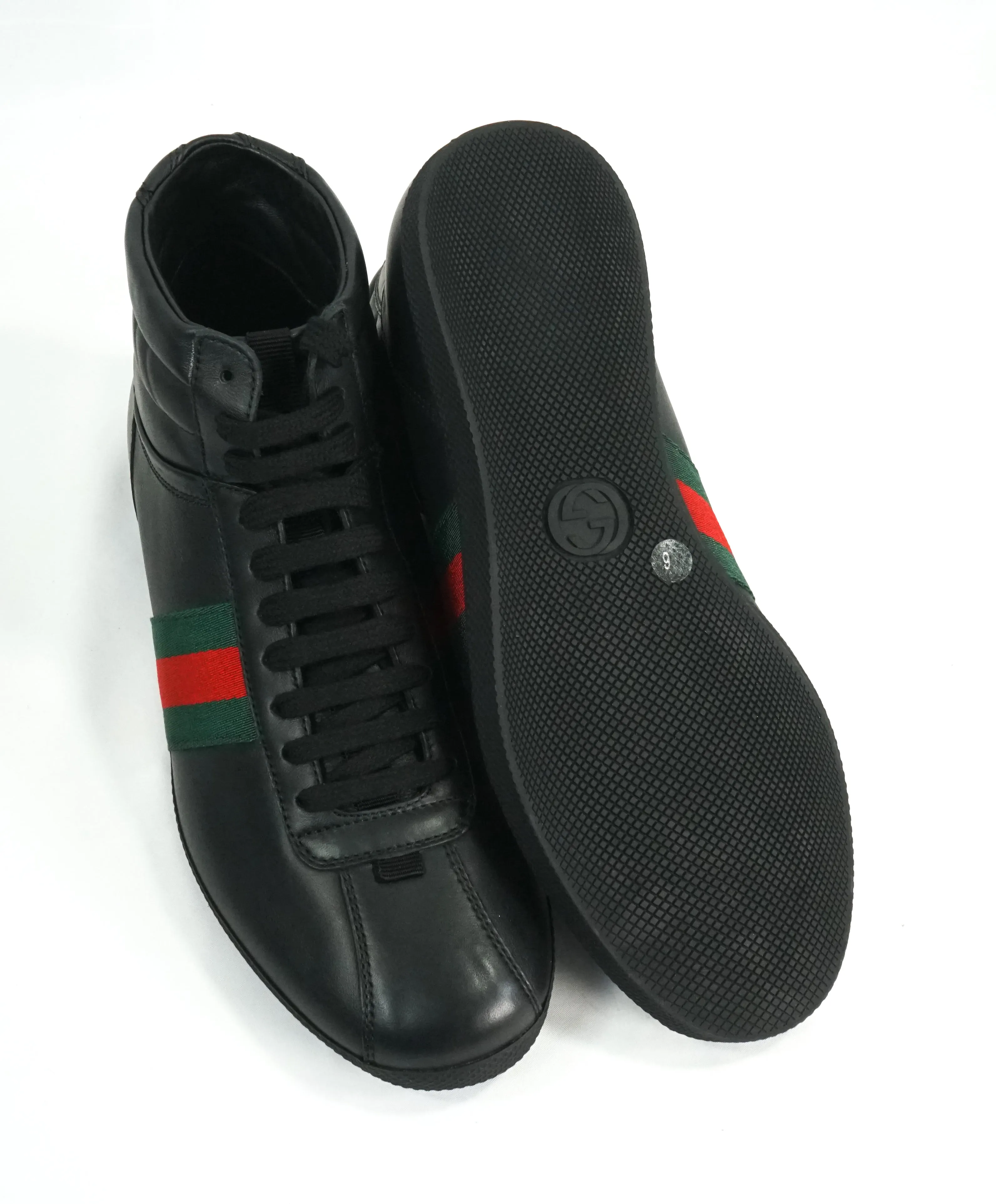 GUCCI -Red and Green Logo Stripe GG High-Top Black Sneakers - 6G / 6.5 US