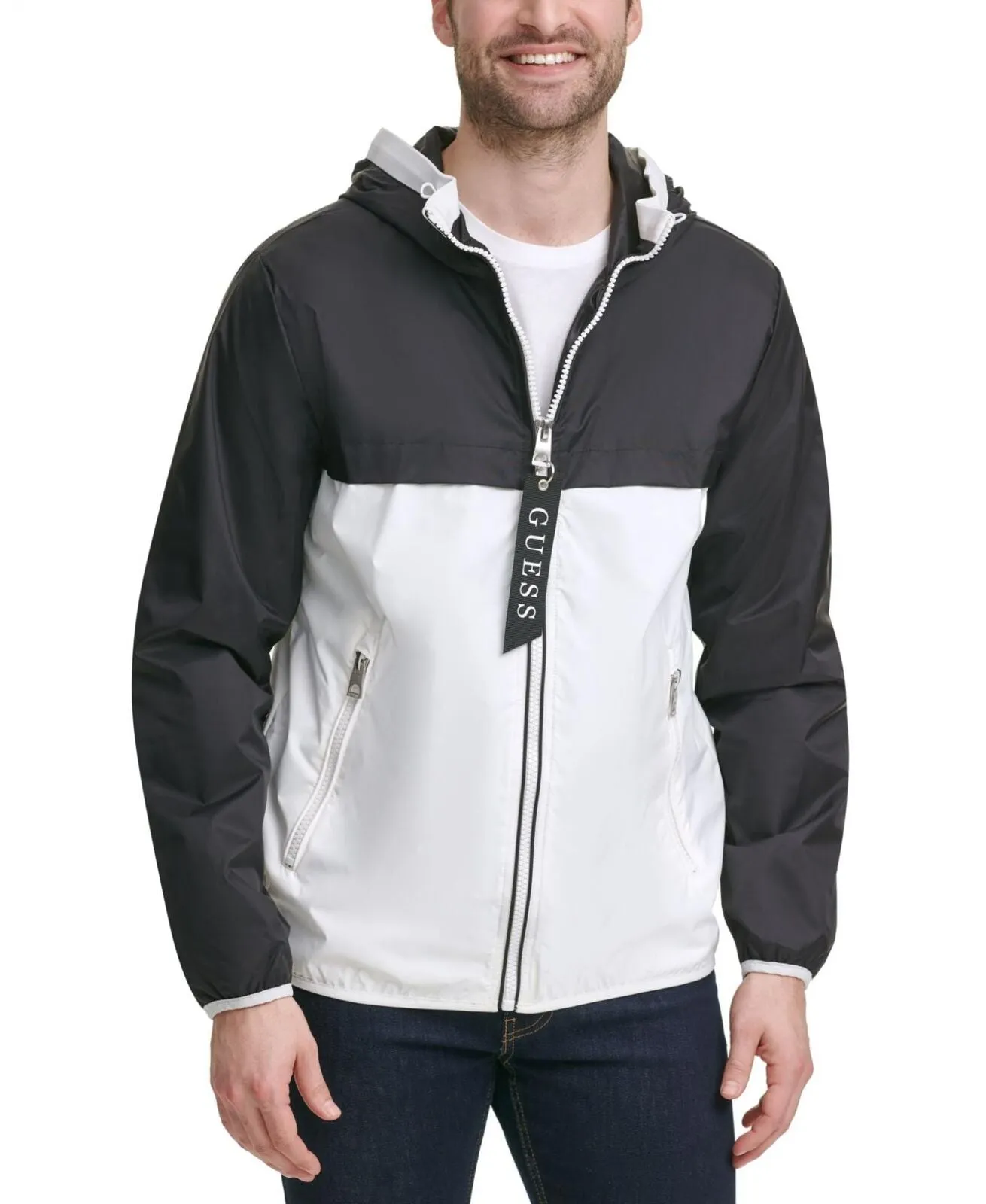 Guess Men's Colorblocked Hooded Windbreaker Jacket 110AN616 Black / White 2XL