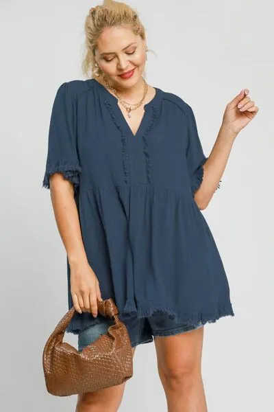 Hazel Blues® | Umgee Raw Hem Notched Babydoll Linen Blouse