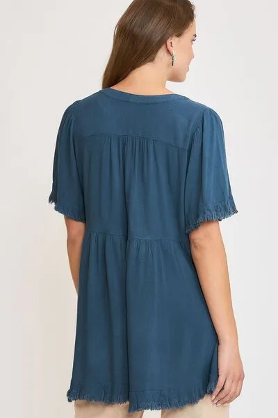 Hazel Blues® | Umgee Raw Hem Notched Babydoll Linen Blouse