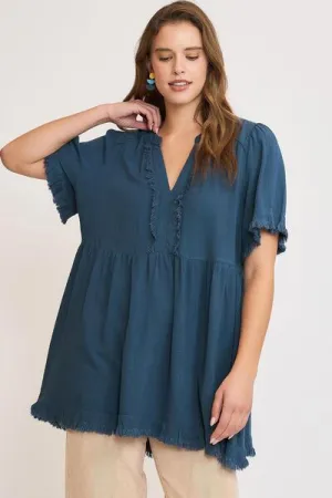 Hazel Blues® | Umgee Raw Hem Notched Babydoll Linen Blouse