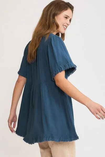 Hazel Blues® | Umgee Raw Hem Notched Babydoll Linen Blouse