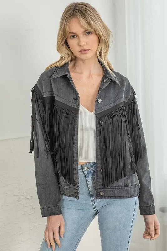 Honky Tonk Fringe Denim Jacket - Black