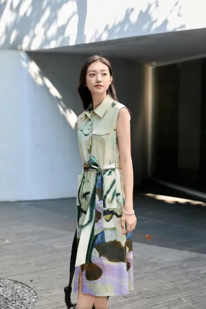 Ink-Dyed Sleeveless Cotton Dress with Abstract Print, Adjustable Waist, and Side Pockets, green dress, pure cotton, abstract print dress
