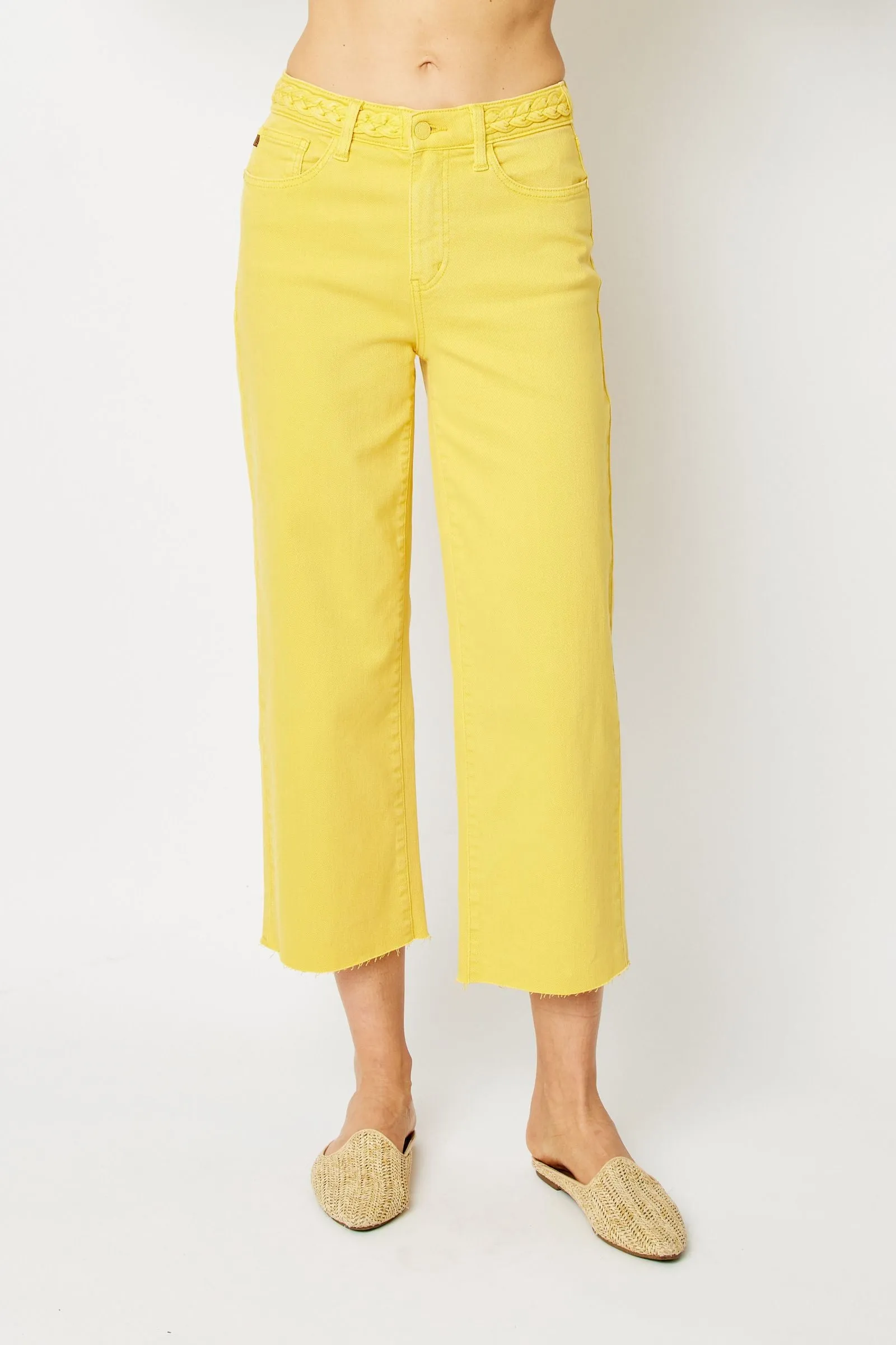 Judy Blue High Waisted Yellow Garment Dyed Braided Waist Band Cropped Wide Leg Denim Jeans