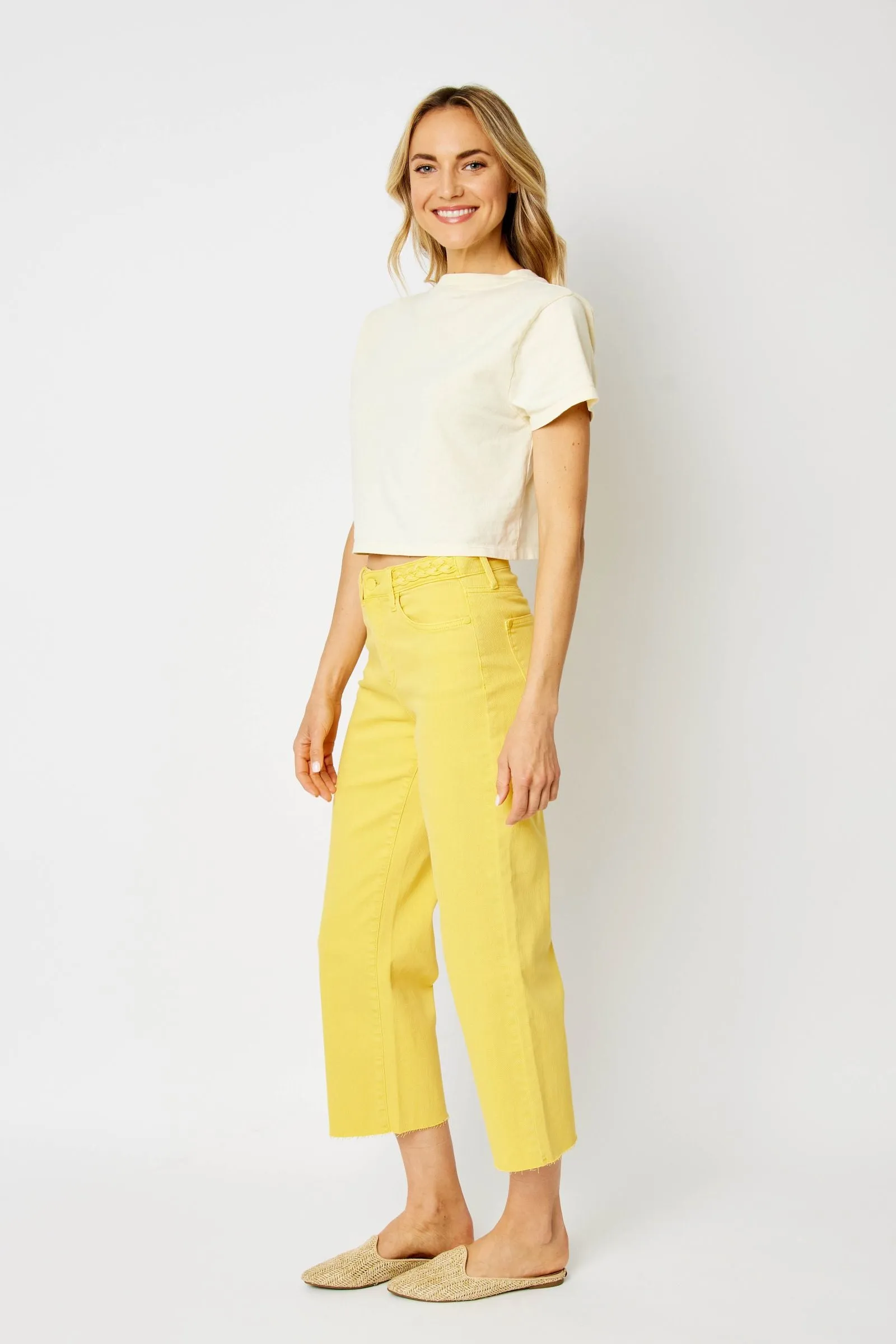 Judy Blue High Waisted Yellow Garment Dyed Braided Waist Band Cropped Wide Leg Denim Jeans